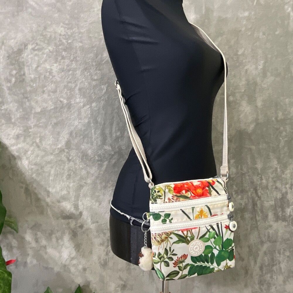 Kipling Alvar Mini white Floral Nylon Crossbody Bag w/Adj. Strap Gorilla Charm
